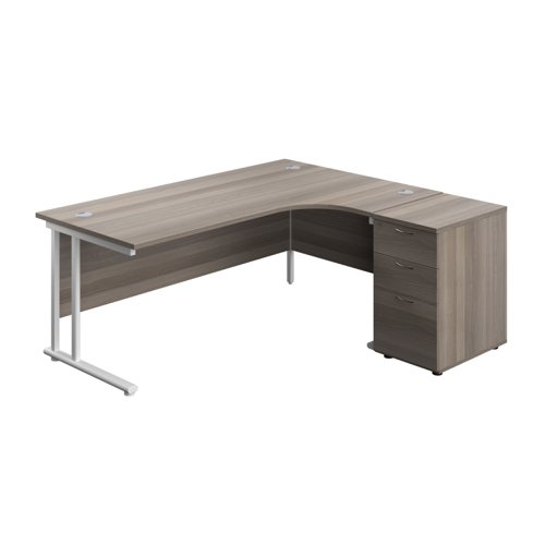 Twin Upright Right Hand Radial Desk + Desk High 3 Drawer Pedestal (FSC) 1800X1200 600mm Deep Pedestal Grey Oak/White