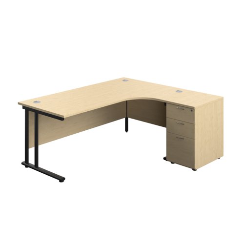 Twin Upright Right Hand Radial Desk + Desk High 3 Drawer Pedestal (FSC) 1800X1200 600mm Deep Pedestal Maple/Black