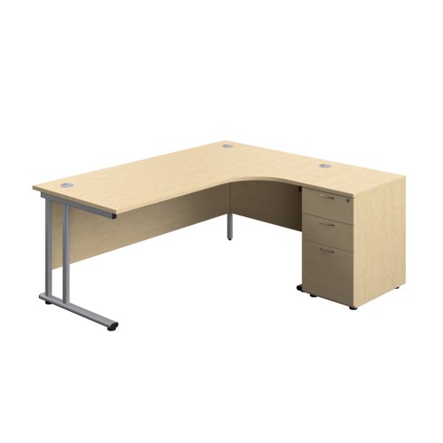 Twin Upright Right Hand Radial Desk + Desk High 3 Drawer Pedestal (FSC) 1800X1200 600mm Deep Pedestal Maple/Silver