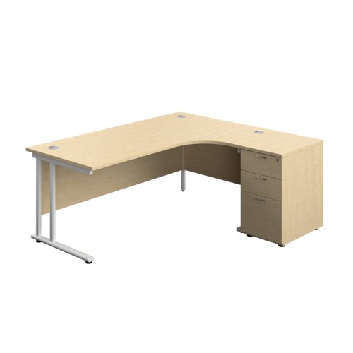 Twin Upright Right Hand Radial Desk + Desk High 3 Drawer Pedestal (FSC) 1800X1200 600mm Deep Pedestal Maple/White