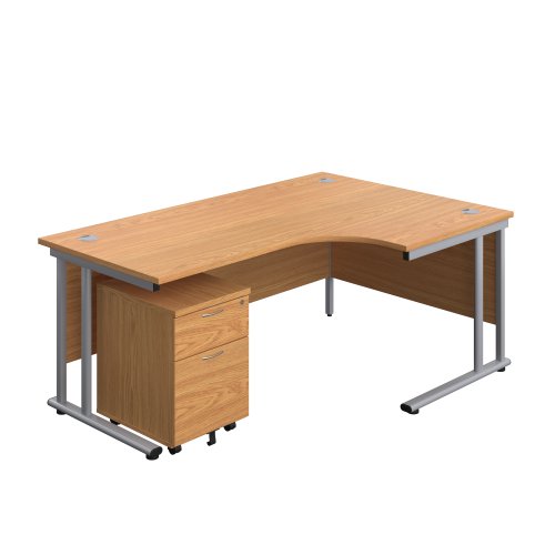 Twin Upright Right Hand Radial Desk + Mobile 2 Drawer Pedestal (FSC) 1800X1200 Nova Oak/Silver