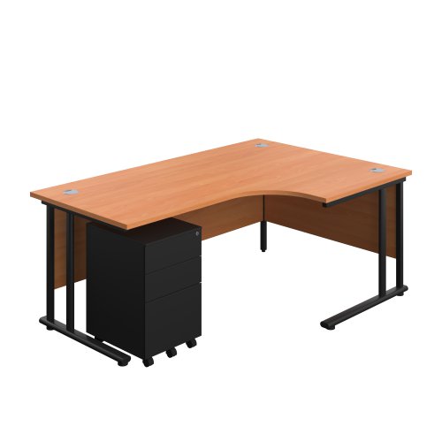 Twin Upright Right Hand Radial Desk + Under Desk Steel Pedestal 3 Drawers 1800X1200 Beech/Black