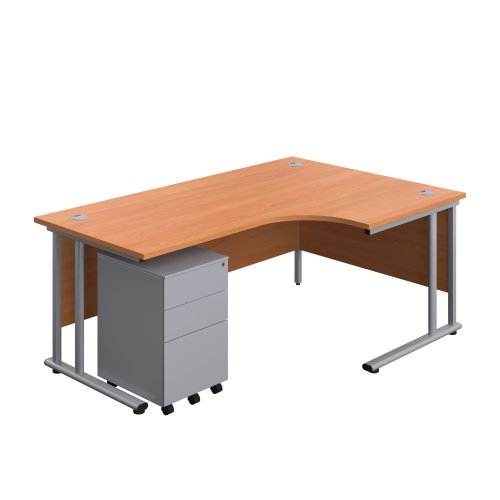 Twin Upright Right Hand Radial Desk + Under Desk Steel Pedestal 3 Drawers (FSC) 1800X1200 Beech/Silver