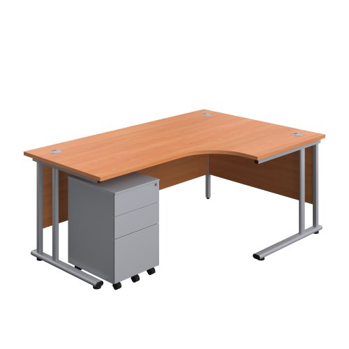 Twin Upright Right Hand Radial Desk + Under Desk Steel Pedestal 3 Drawers 1800X1200 Beech/Silver