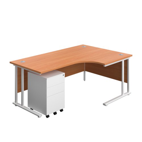 Twin Upright Right Hand Radial Desk + Under Desk Steel Pedestal 3 Drawers 1800X1200 Beech/White
