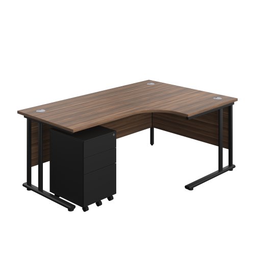 Twin Upright Right Hand Radial Desk + Under Desk Steel Pedestal 3 Drawers 1800X1200 Dark Walnut/Black