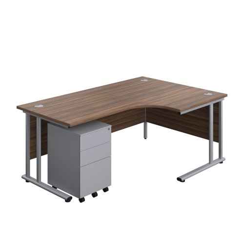 Twin Upright Right Hand Radial Desk + Under Desk Steel Pedestal 3 Drawers 1800X1200 Dark Walnut/Silver