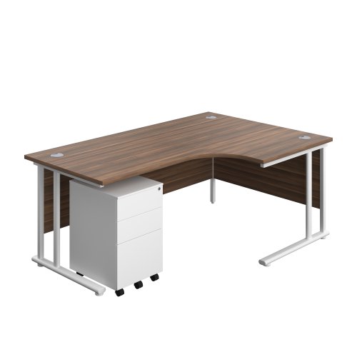 Twin Upright Right Hand Radial Desk + Under Desk Steel Pedestal 3 Drawers 1800X1200 Dark Walnut/White