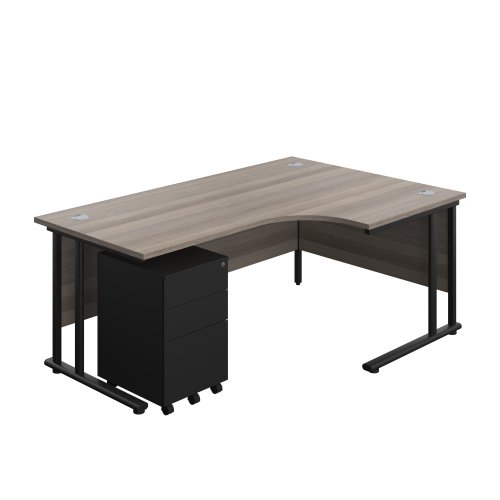 Twin Upright Right Hand Radial Desk + Under Desk Steel Pedestal 3 Drawers 1800X1200 Grey Oak/Black