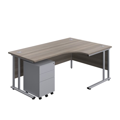 Twin Upright Right Hand Radial Desk + Under Desk Steel Pedestal 3 Drawers 1800X1200 Grey Oak/Silver