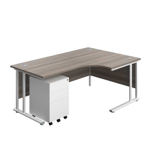 Twin Upright Right Hand Radial Desk + Under Desk Steel Pedestal 3 Drawers 1800X1200 Grey Oak/White