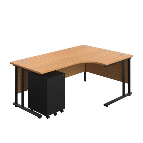 Twin Upright Right Hand Radial Desk + Under Desk Steel Pedestal 3 Drawers 1800X1200 Nova Oak/Black
