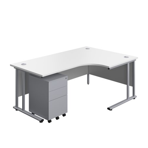 Twin Upright Right Hand Radial Desk + Under Desk Steel Pedestal 3 Drawers 1800X1200 White/Silver
