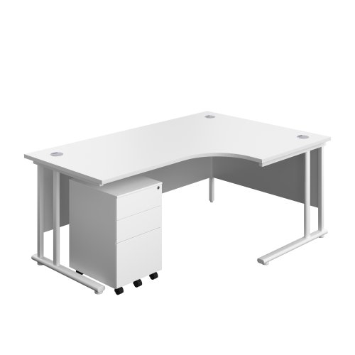Twin Upright Right Hand Radial Desk + Under Desk Steel Pedestal 3 Drawers 1800X1200 White/White