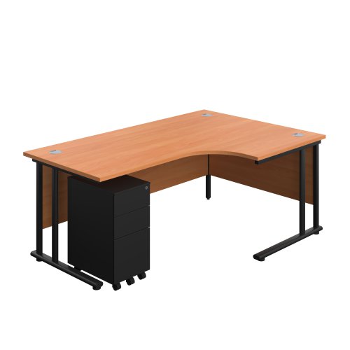 Twin Upright Right Hand Radial Desk + Slimline Steel Pedestal 3 Drawers 1800X1200 Beech/Black