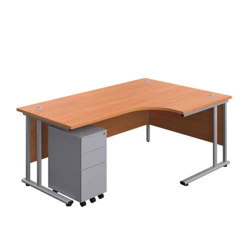 Twin Upright Right Hand Radial Desk + Slimline Steel Pedestal 3 Drawers 1800X1200 Beech/Silver