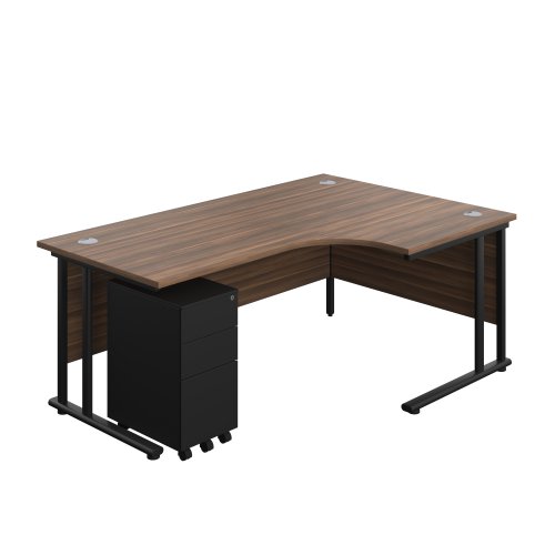 Twin Upright Right Hand Radial Desk + Slimline Steel Pedestal 3 Drawers 1800X1200 Dark Walnut/Black