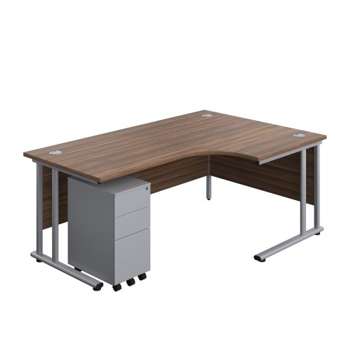 Twin Upright Right Hand Radial Desk + Slimline Steel Pedestal 3 Drawers 1800X1200 Dark Walnut/Silver