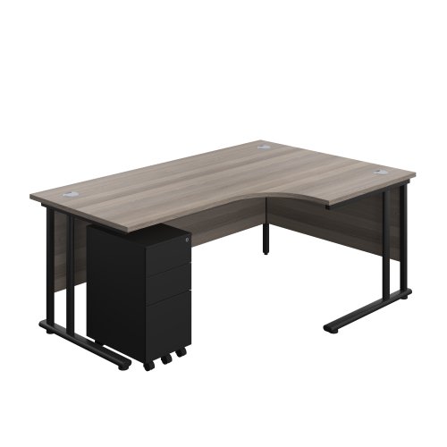 Twin Upright Right Hand Radial Desk + Slimline Steel Pedestal 3 Drawers 1800X1200 Grey Oak/Black