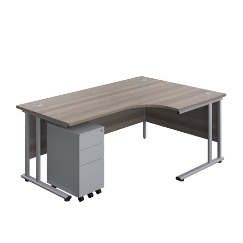 Twin Upright Right Hand Radial Desk + Slimline Steel Pedestal 3 Drawers 1800X1200 Grey Oak/Silver