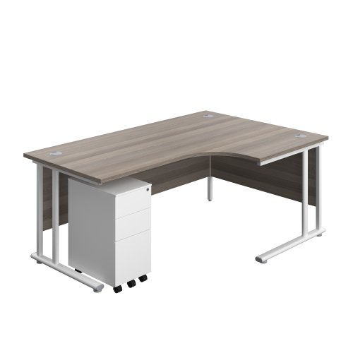 Twin Upright Right Hand Radial Desk + Slimline Steel Pedestal 3 Drawers 1800X1200 Grey Oak/White