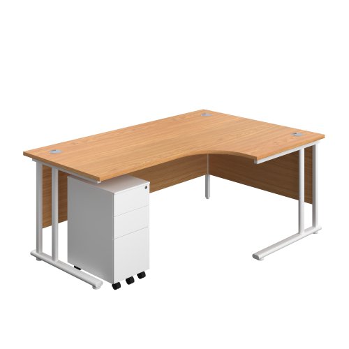 Twin Upright Right Hand Radial Desk + Slimline Steel Pedestal 3 Drawers (FSC) 1800X1200 Nova Oak/White