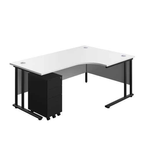 Twin Upright Right Hand Radial Desk + Slimline Steel Pedestal 3 Drawers 1800X1200 White/Black
