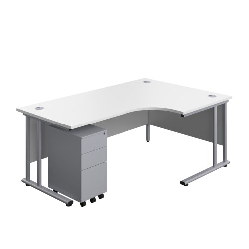 Twin Upright Right Hand Radial Desk + Slimline Steel Pedestal 3 Drawers 1800X1200 White/Silver