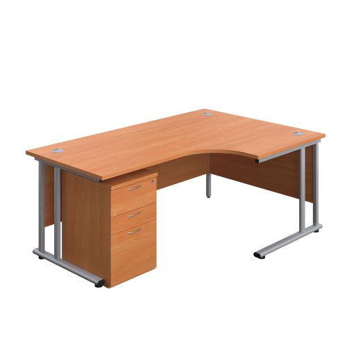 Twin Upright Right Hand Radial Desk + High Mobile Pedestal 3 Drawer (FSC) 1800X1200 Beech/Silver