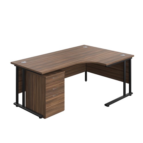Twin Upright Right Hand Radial Desk + High Mobile Pedestal 3 Drawer (FSC) 1800X1200 Dark Walnut/Black