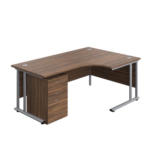 Twin Upright Right Hand Radial Desk + High Mobile Pedestal 3 Drawer (FSC) 1800X1200 Dark Walnut/Silver