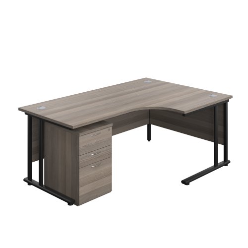 Twin Upright Right Hand Radial Desk + High Mobile Pedestal 3 Drawer 1800X1200 Grey Oak/Black