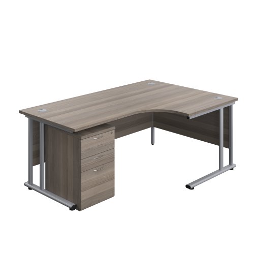 Twin Upright Right Hand Radial Desk + High Mobile Pedestal 3 Drawer (FSC) 1800X1200 Grey Oak/Silver
