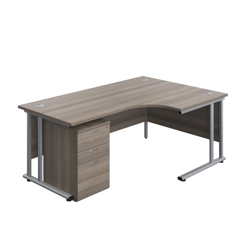 Twin Upright Right Hand Radial Desk + High Mobile Pedestal 3 Drawer 1800X1200 Grey Oak/Silver