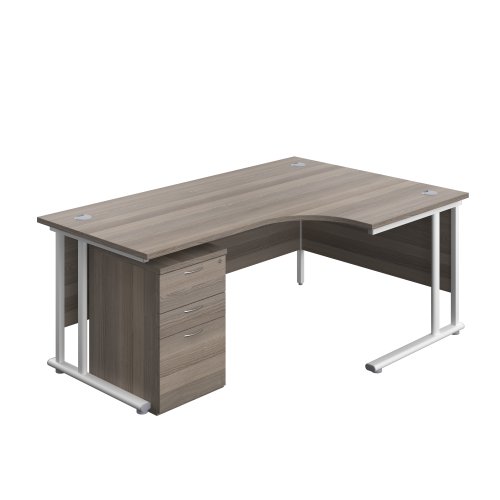 Twin Upright Right Hand Radial Desk + High Mobile Pedestal 3 Drawer 1800X1200 Grey Oak/White