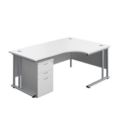 Twin Upright Right Hand Radial Desk + High Mobile Pedestal 3 Drawer 1800X1200 White/Silver