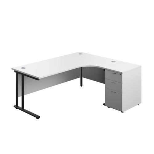Twin Upright Right Hand Radial Desk + Desk High 3 Drawer Pedestal (FSC) 1800X1200 600mm Deep Pedestal White/Black