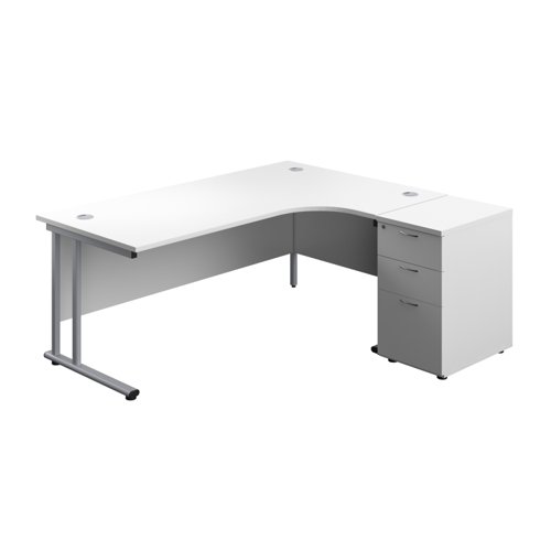 Twin Upright Right Hand Radial Desk + Desk High 3 Drawer Pedestal (FSC) 1800X1200 600mm Deep Pedestal White/Silver