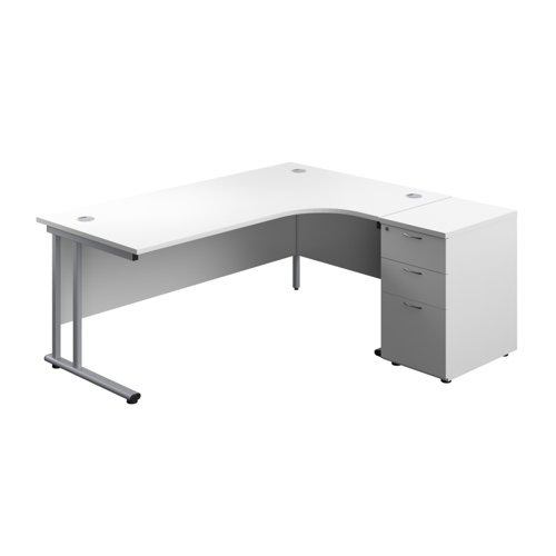 Twin Upright Right Hand Radial Desk + Desk High 3 Drawer Pedestal 1800X1200 600mm Deep Pedestal White/Silver