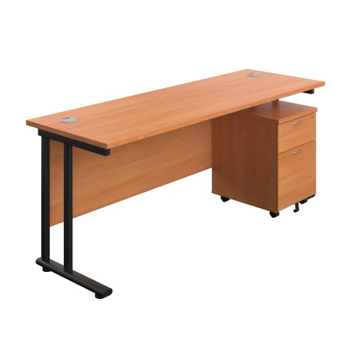 Twin Upright Rectangular Desk + Mobile 2 Drawer Pedestal 1800X600 Beech/Black