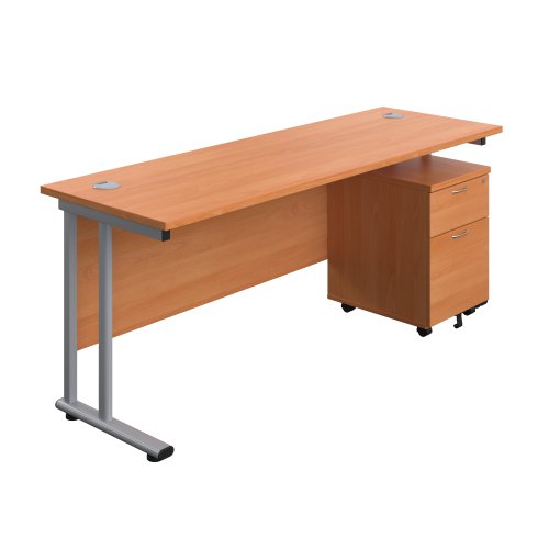 Twin Upright Rectangular Desk + Mobile 2 Drawer Pedestal 1800X600 Beech/Silver