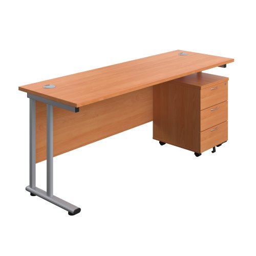 Twin Upright Rectangular Desk + Mobile 3 Drawer Pedestal 1800X600 Beech/Silver