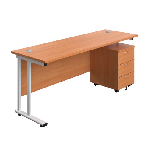 Twin Upright Rectangular Desk + Mobile 3 Drawer Pedestal 1800X600 Beech/White