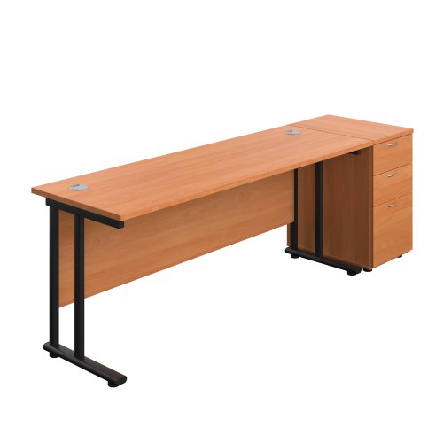 Twin Upright Rectangular Desk + Desk High 3 Drawer Pedestal 1800X600 Beech/Black