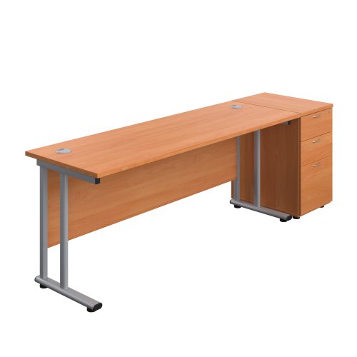 Twin Upright Rectangular Desk + Desk High 3 Drawer Pedestal 1800X600 Beech/Silver