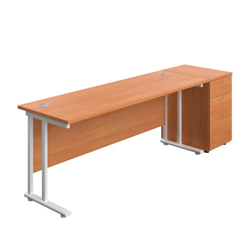 Twin Upright Rectangular Desk + Desk High 3 Drawer Pedestal 1800X600 Beech/White