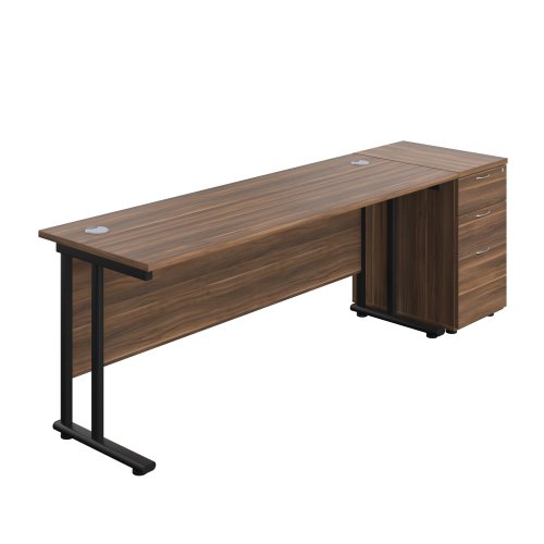 Twin Upright Rectangular Desk + Desk High 3 Drawer Pedestal (FSC) 1800X600 Dark Walnut/Black