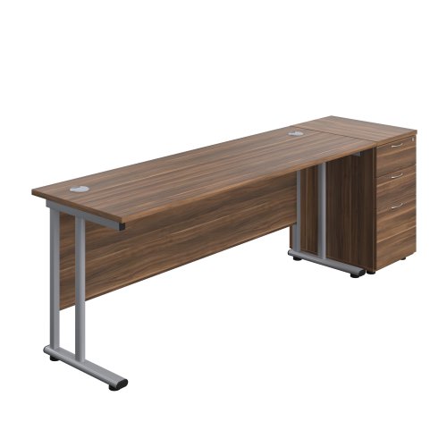 Twin Upright Rectangular Desk + Desk High 3 Drawer Pedestal 1800X600 Dark Walnut/Silver