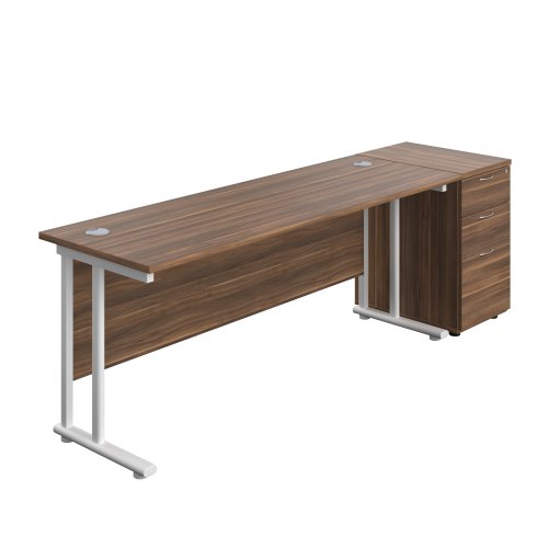 Twin Upright Rectangular Desk + Desk High 3 Drawer Pedestal (FSC) 1800X600 Dark Walnut/White