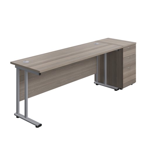 Twin Upright Rectangular Desk + Desk High 3 Drawer Pedestal 1800X600 Grey Oak/Silver